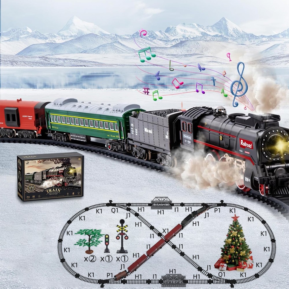 Train Toy Set for Kids with Sound, LED Light, Track Engine Real Locomotive Cargo