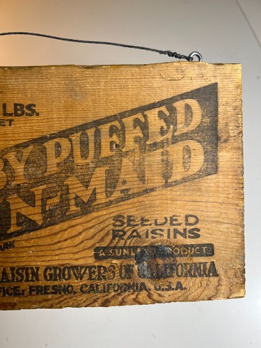 Antique Sun-Maid Baby Puffed Raisins Wooden Crate Sign Plaque Fresno California - Picture 5 of 14