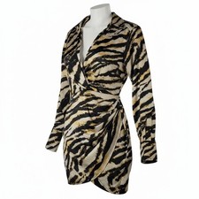 Lillys Kloset Tiger Print Mini Cocktail Dress Medium Gold Black Satin Surplice