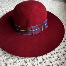 Vintage 70s Betmar Red Wool Wide Brim Hat with Striped Bow Ribbon