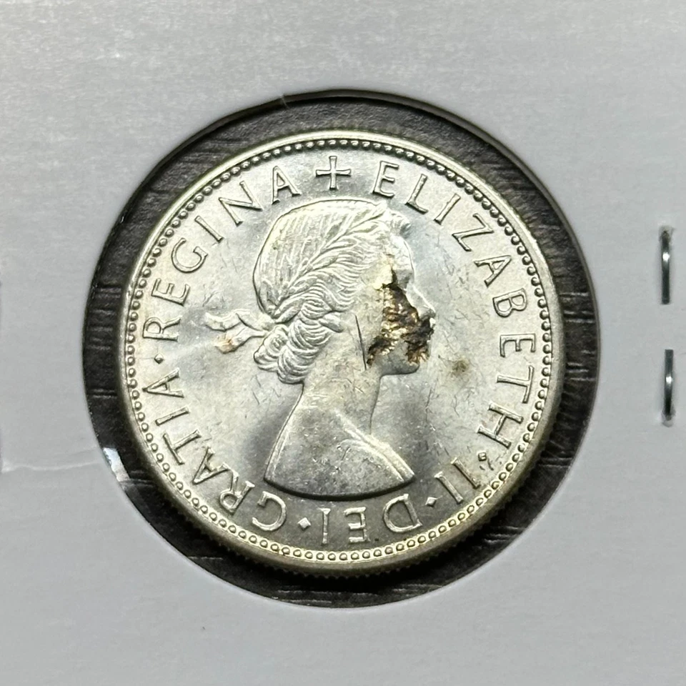 Australia 1953 Silver Florin Large Reverse Denticles Variety GEM BU Flaw Error - Image 4 of 4