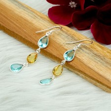 Sterling Silver Blue Topaz  Citrine Earrings Wedding Jewelry Minimalist Earring