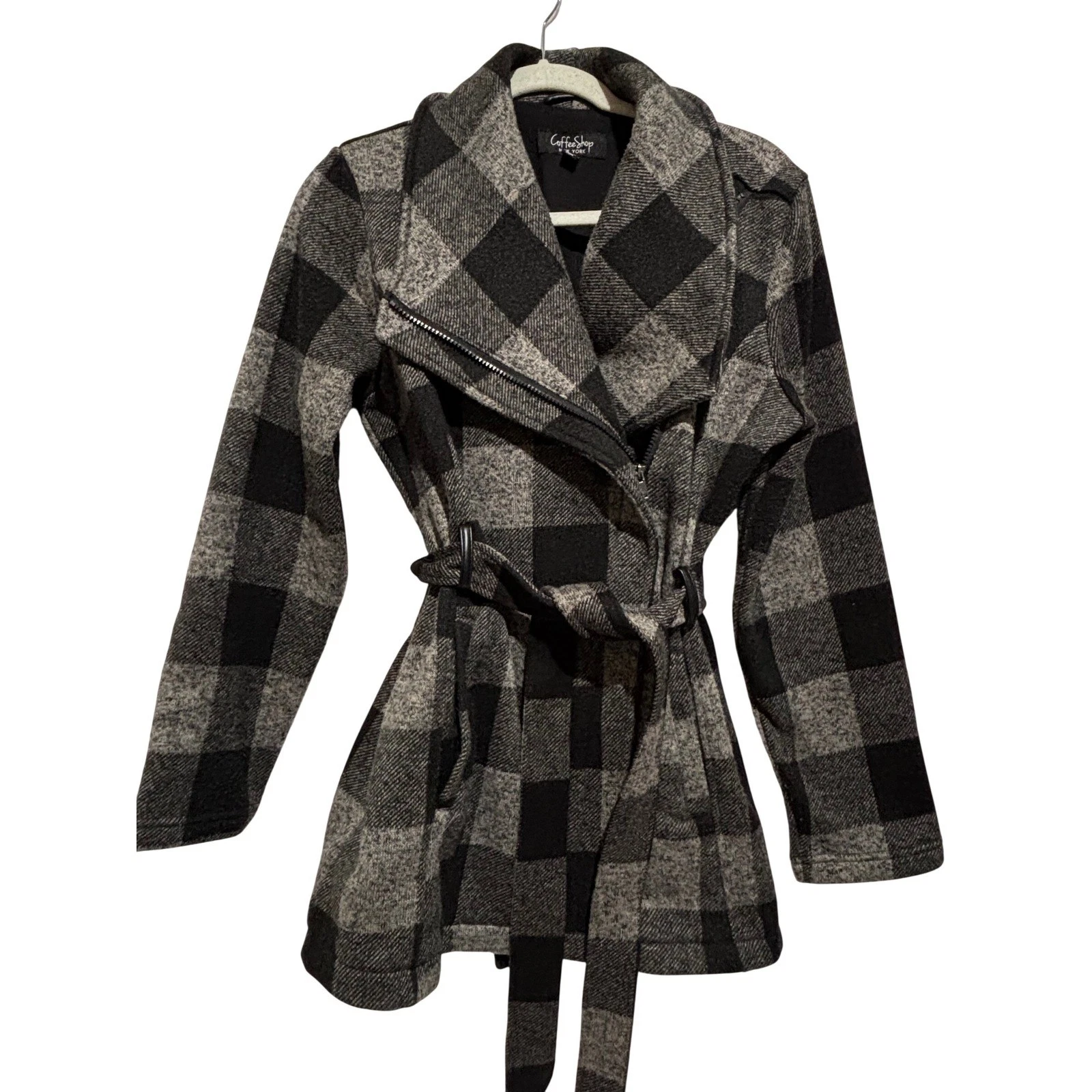 Coffee Shop Black Gray Plaid Peacoat Moto Wrap Coat Belted Women M Warm office