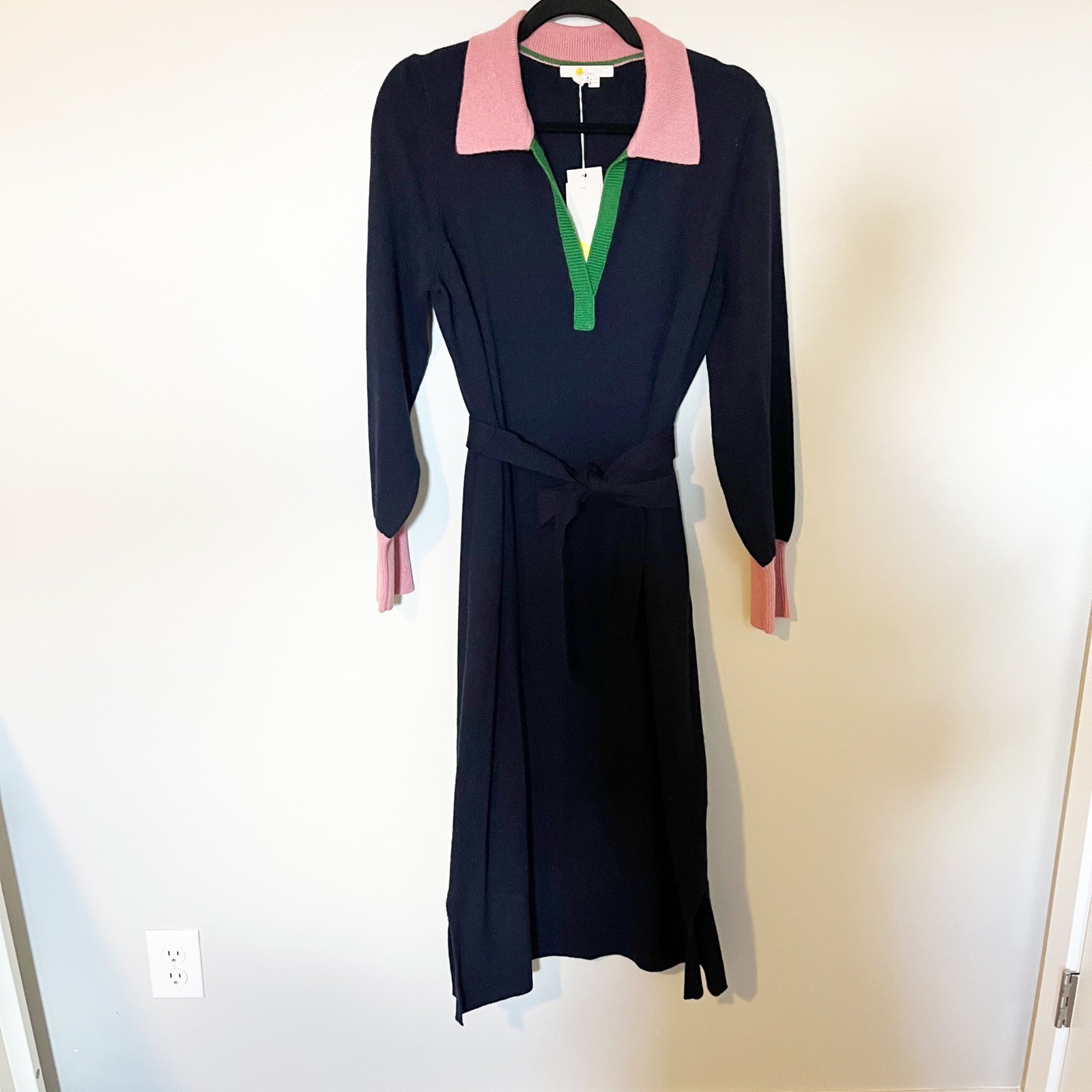 NWT Boden Harriet Navy Pink Green Knit Midi Dress Belted Polo Collar US 12