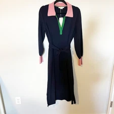 NWT Boden Harriet Navy Pink Green Knit Midi Dress Belted Polo Collar US 12