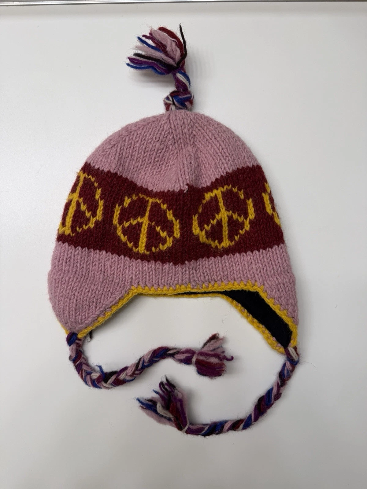 Handmade Nepal Wool Earflap Beanie Peace Sign Fleece Lined Boho Hat
