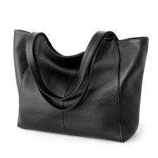 Black Soft Genuine Leather Tote Bag for Women, Womens Slouchy Casual Zipper W...
