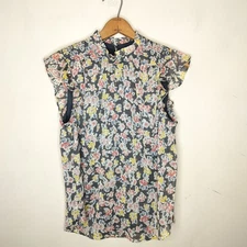 LOFT Floral Metallic Sleeveless Top Blouse Size Medium Womens Ruffled Flutter