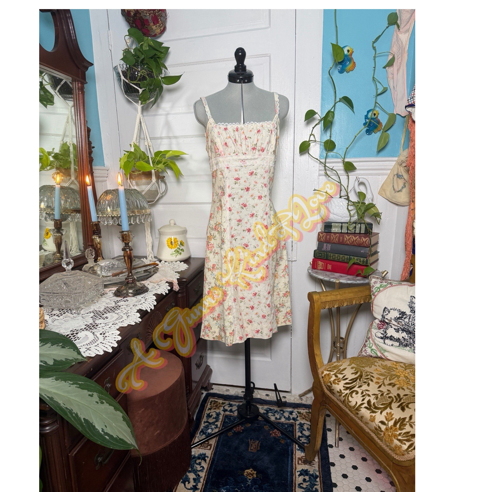 90s? Jessica McClintock Gunne Sax Floral Slip Dress Square Neck Lace Trim Sz 5/6
