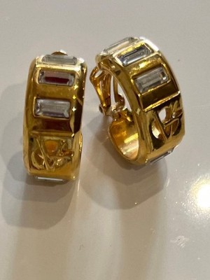 Gianni Versace Clip On Earrings Gold Crystal V Logo Stamped Vintage From Japan