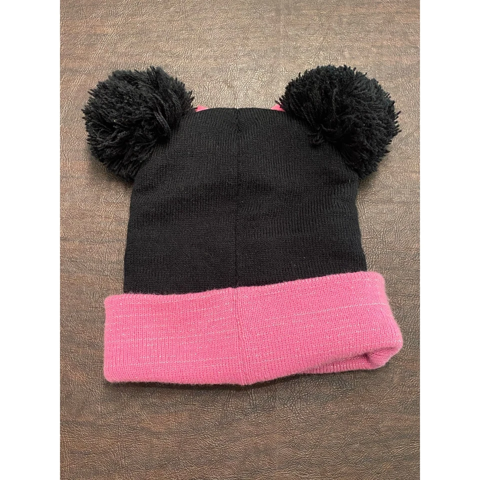 Disney Junior Minnie Mouse Negro Tejido Invierno Gorro Sombrero Pompones Rosa Lazo Foto 2 de 4