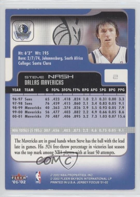 2001-02 Fleer Focus Jersey Edition Steve Nash #2 HOF - Image 2 of 2