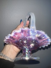 Fenton Plum Opalescent Inverted Strawberry Basket Signed George Fenton 94