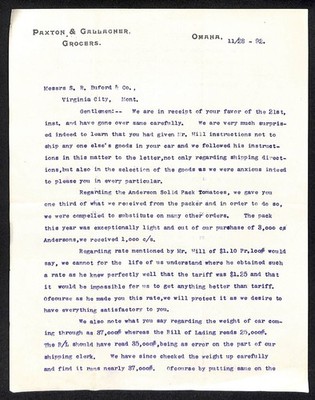 Paxton & Gallagher Omaha Grocers 1892 Letterhead to S.R. Buford*