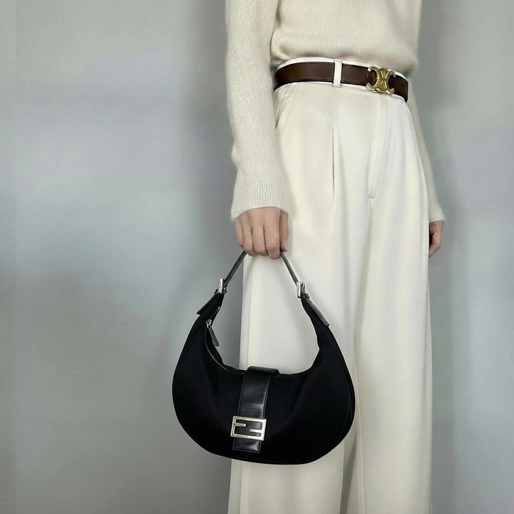 Fendi — Fendi Croissant Mamma Baguette Shoulder Bag Purse Black Nylon Authentic
