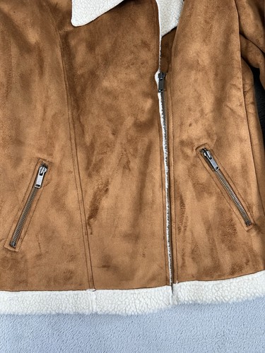 Vecchia giacca marina donna M marrone sherpa foderata ecopelle scamosciata moto zip asimmetrica - Foto 4 di 11