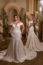 Mermaid 3D Floral Wedding Dress Lace Applique Off-the-shoulder Bridal Gown