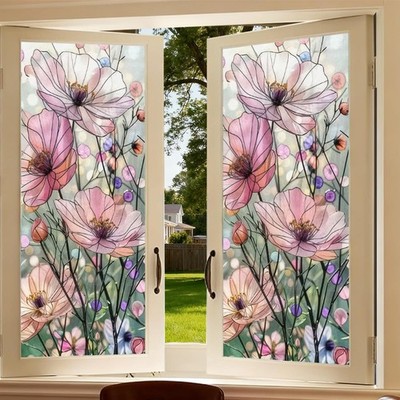 Decorative Stained Glass Window Film Pink Cosmos Wildflower Privacy Window Cl...
