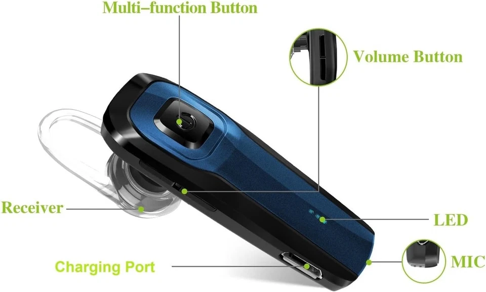 Wireless Bluetooth Earpiece Handsfree Headset V5.0 Noise Cancelling Mic Blue - Image 2 of 4