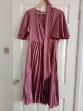 Pink Satin Pleat Dress Pleated Flutter Sleeve Midi Dress V Neck Tie Size 12 ASOS