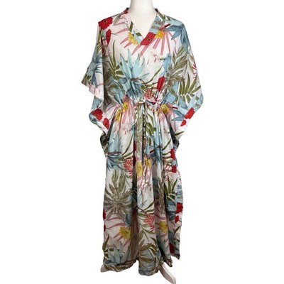 World Market Kaftan Cactus Flower Cotton Maxi Dress Cinch Tie Boho One Size