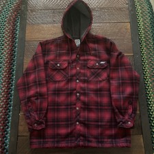 Dickies Fleece Lined Hooded Jacket Men XL/EG 46-48 Plaid Red Black Pockets Snap