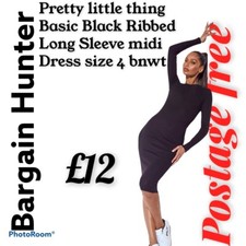 Pretty little thing  Basic Black Ribbed  Long Sleeve midi  Dress size 4 bnwt 