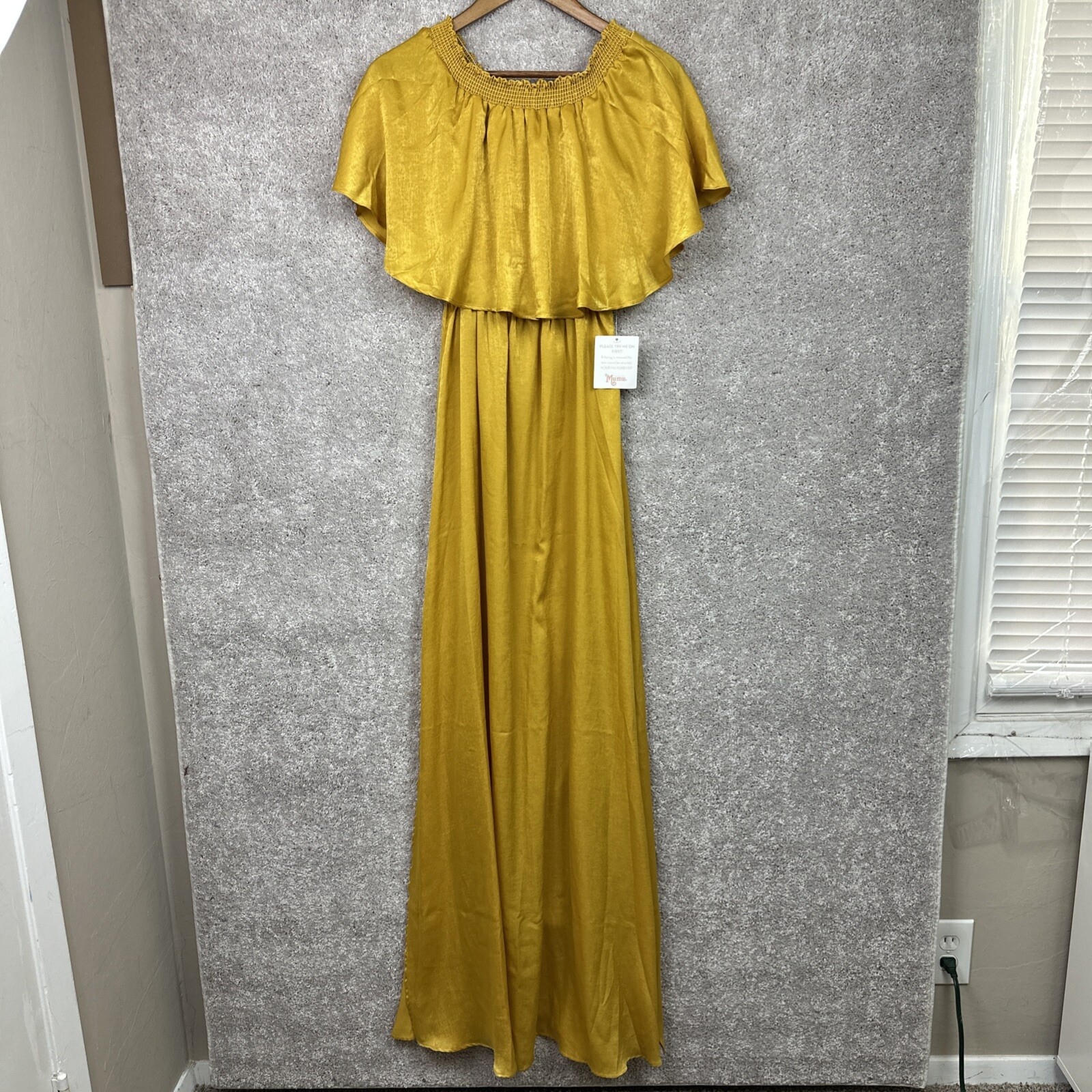 Show Me Your Mumu Satin Hacienda Maxi Dress Sz M Yellow Gold Bridesmaid Ruffle