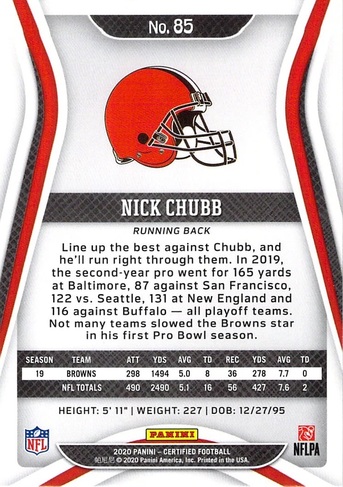 Nick Chubb 2020 Certified Football Gold Foil Base Card #85 Cleveland Browns NFL - Image 2 of 2