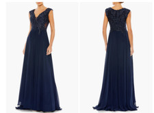MAC DUGGAL 20264 APPLIQUED CAP SLEEVE EMBELLISHED BODICE FLOWY NAVY GOWN sz 16
