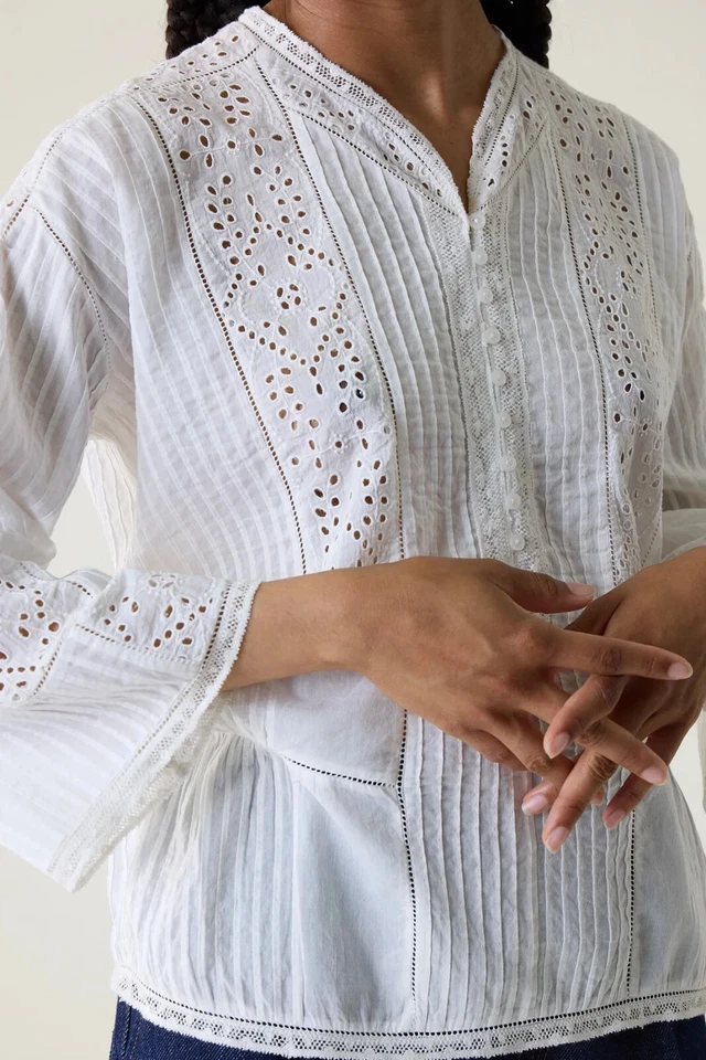 Blusa Top Leon & Harper COME LISA CAMISA Ojales Bordados Botón Blanco L NUEVA