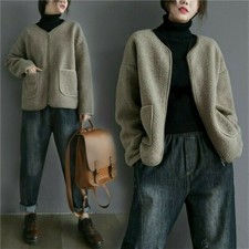 Ladies Fleece Coat Jacket Zip Pockets Loose Asymmetric Cardigan Long Sleeve Top