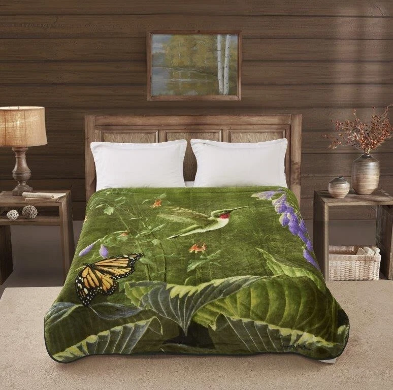 Queen Hummingbird Butterfly Flower Hosta Garden Mink Super Soft Faux Fur Blanket - Image 2 of 3