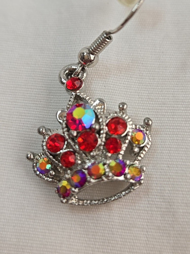 Red AB Rhinestone Earrings Princess Crown Tiara Dangle Charm Silver tone