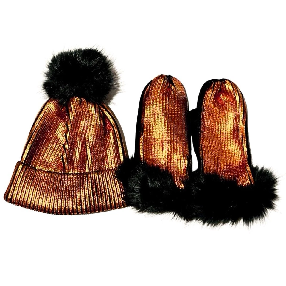 Adrienne Landau 人造毛皮绒球金属橙色豆豆帽 OS 全新带标签 MSRP $75 — 第 2/3 张图片