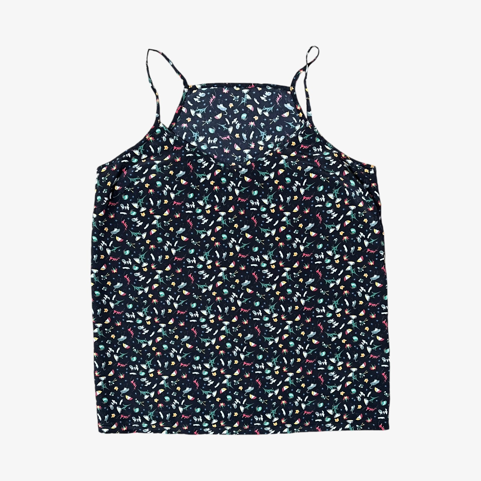 Vintage Y2K Black Silk Vest & Blouse with Floral Umbrella Geometric Print