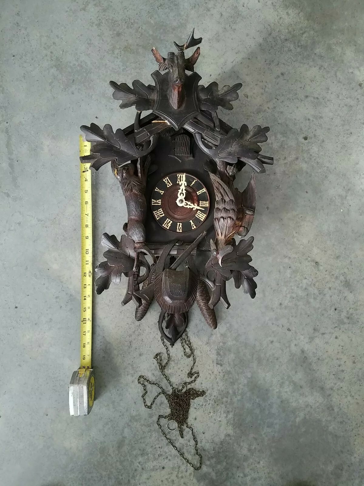 Antique Carved Wood Black Forest Cuckoo Clock Deer Gun Rabbit Motif ...