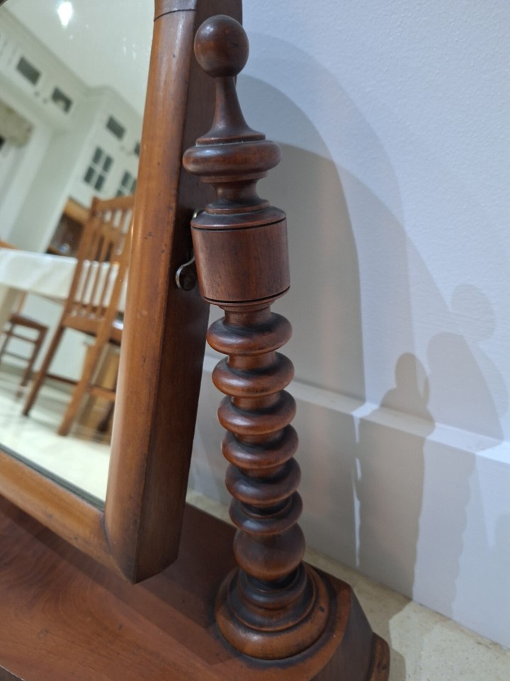 Vintage tilting wooden dressing table mirror, on wooden stand
