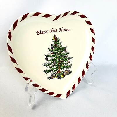 Spode Christmas Tree Heart Shaped Dish  Bless this Home  Peppermint Stripe 7 3/4