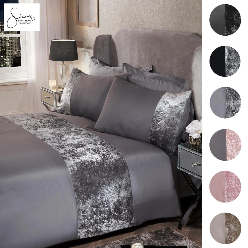 Sienna Crushed Velvet Panel Duvet Cover with Pillow Case Bedding Set Silver Grey