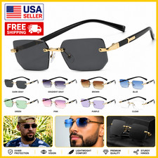 Vintage Mens Rectangle Retro SkyBlue Tint Gold Frame Rimless Hip Hop Sunglasses