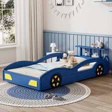 Wooden Race Car Bed,Car-Shaped Platform Twin Bed with Wheels for Teens,Blue