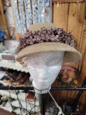 1940s Brown Church Fascinator Hat With Violets And Mesh  Gloves