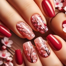 Flower Press on Nails Medium Red False Nails Spring Acrylic Nails Full Floral