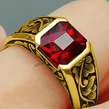 Solid 14k Yellow Gold with Ruby Gemstone Handmade Ring Men's Engagement Ring