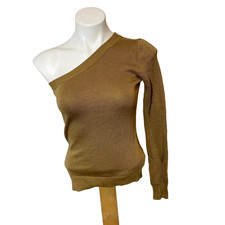 Michael Kors One Shoulder Sleeve Knit Pullover Sweater Brown 2XS Womens Ribbed