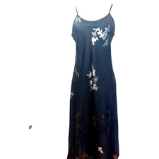 Vintage Halston black slip dress chemise Full length SZ M lacy floral cutouts