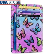 Slim RFID Blocking Card Holder Wallet Mini Wallet Women W/ ID Slot Keychain New