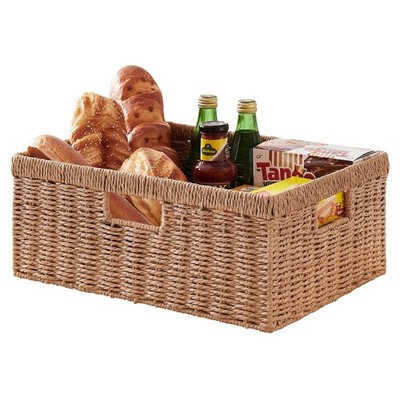 Wicker Storage Basket 1 Pack Rectangular Paper Shelf Bin Built-In Handles