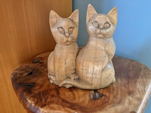 Vintage Carved Wood 2 Cats